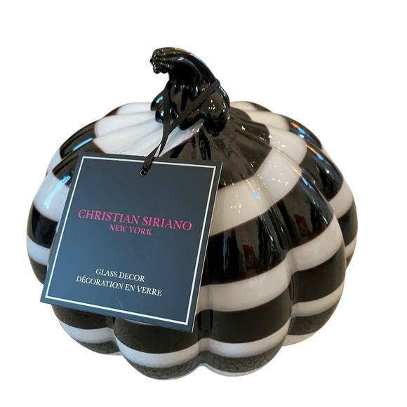 Christian Siriano Hand Blown Art Glass Pumpkin White Black Stripe Swirl 9x8 NEW - Picture 11 of 15